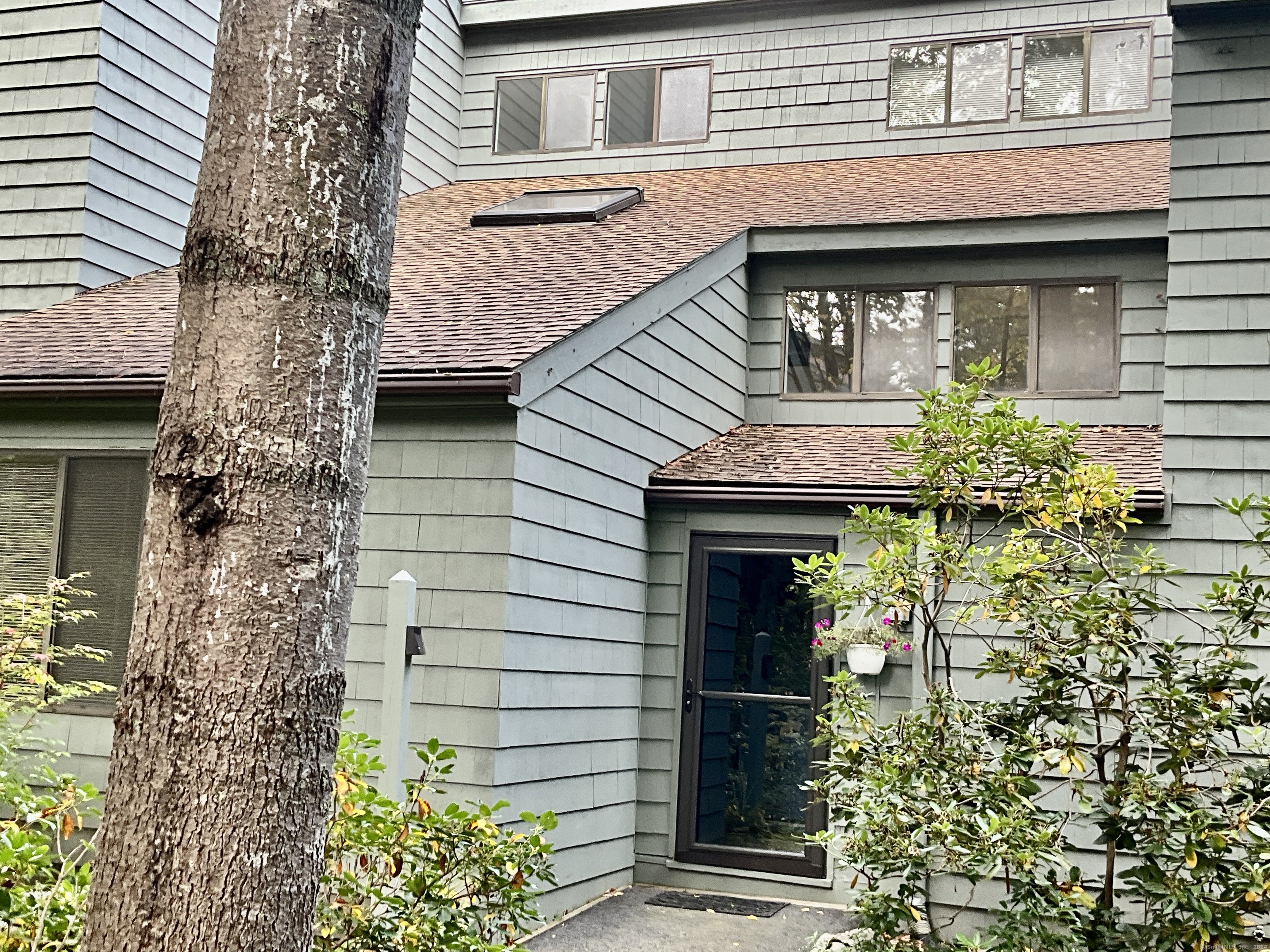 a front view of a house with plants