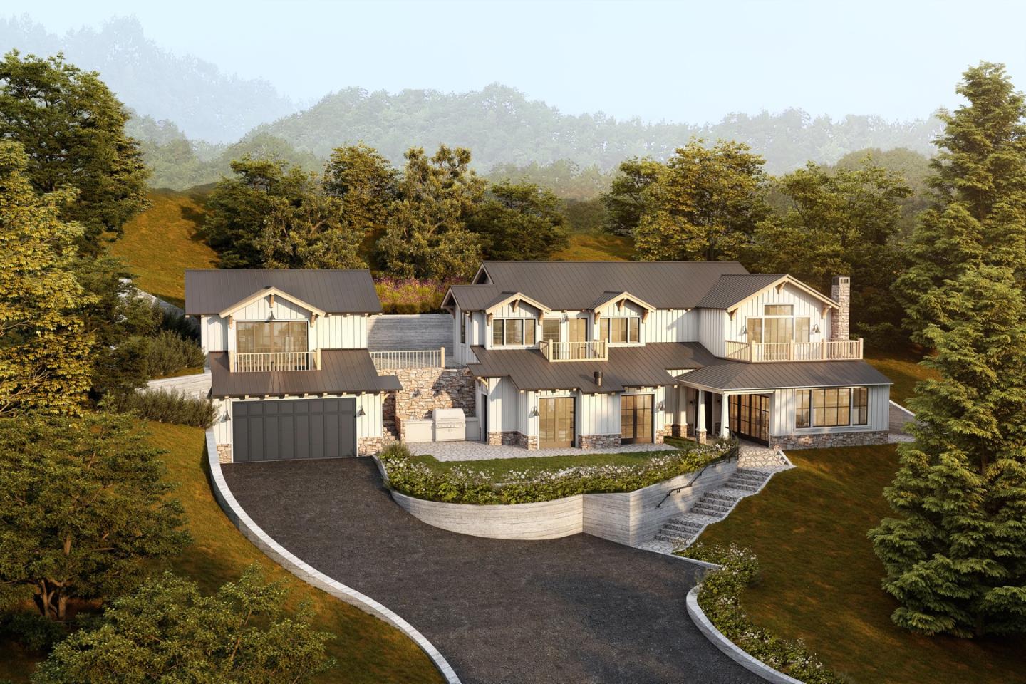 an aerial view of a house with swimming pool patio and outdoor seating