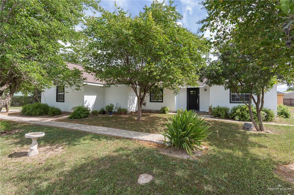 a view of a house with backyard and a tree