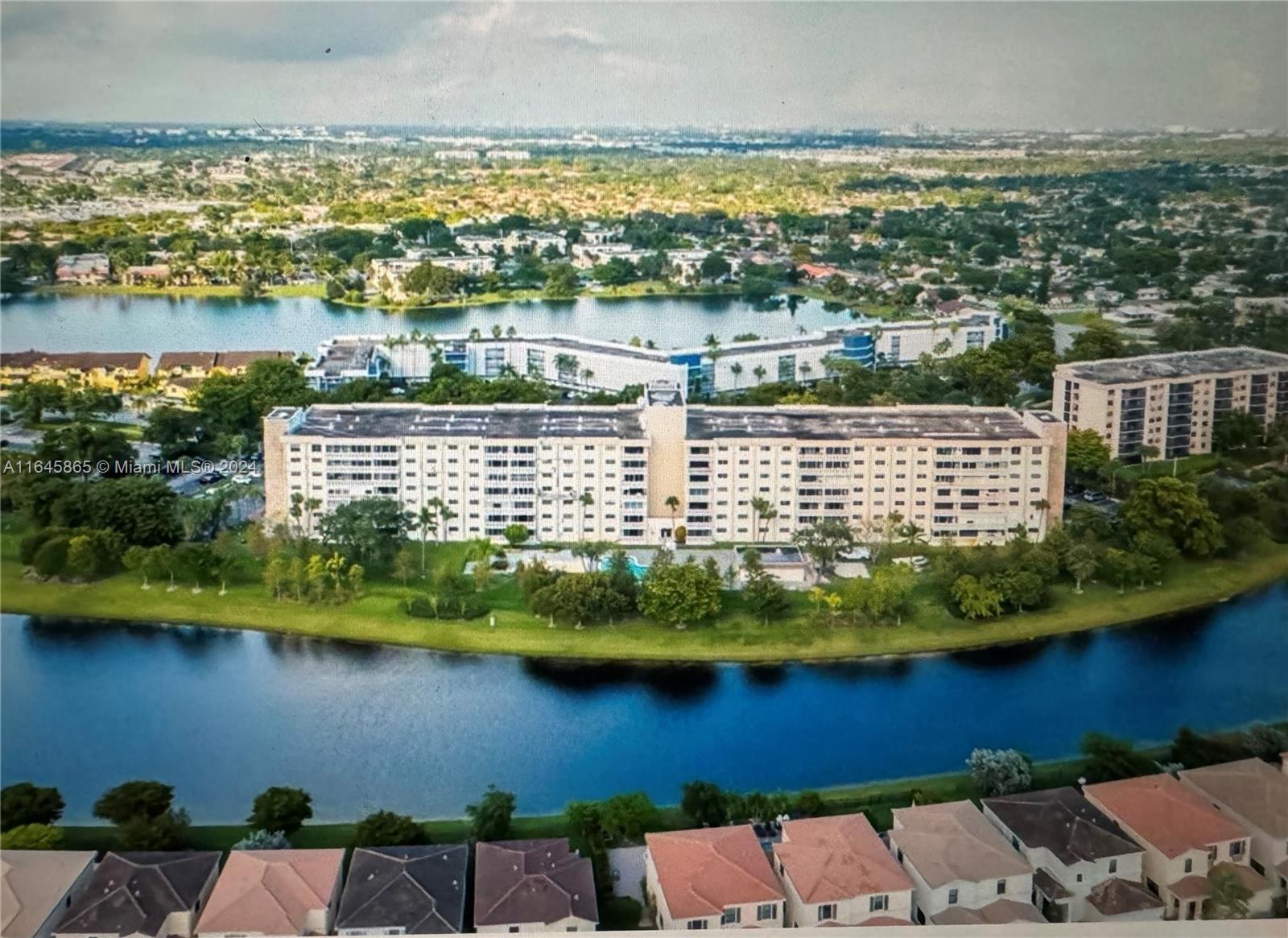 a view of a lake with a city