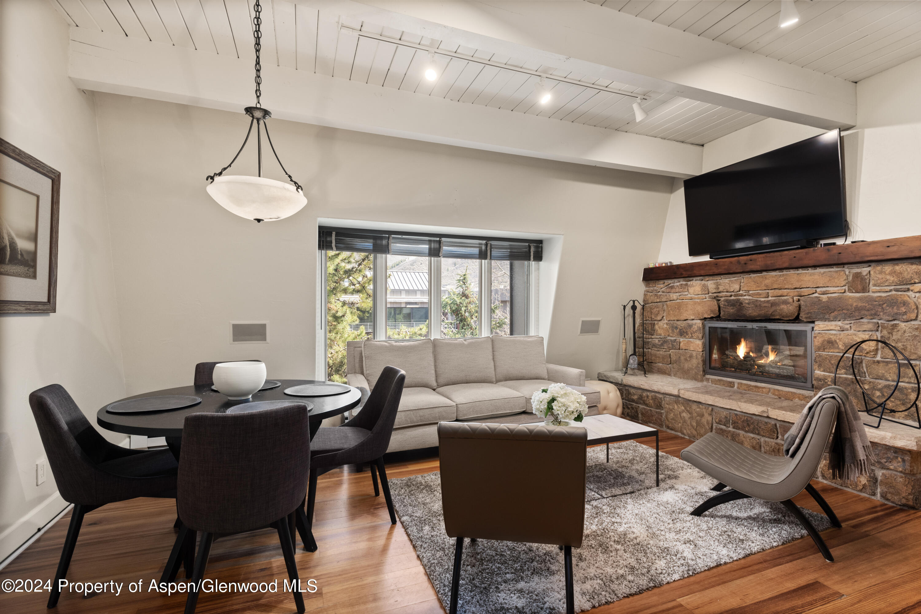 a living room with furniture a flat screen tv and a fireplace