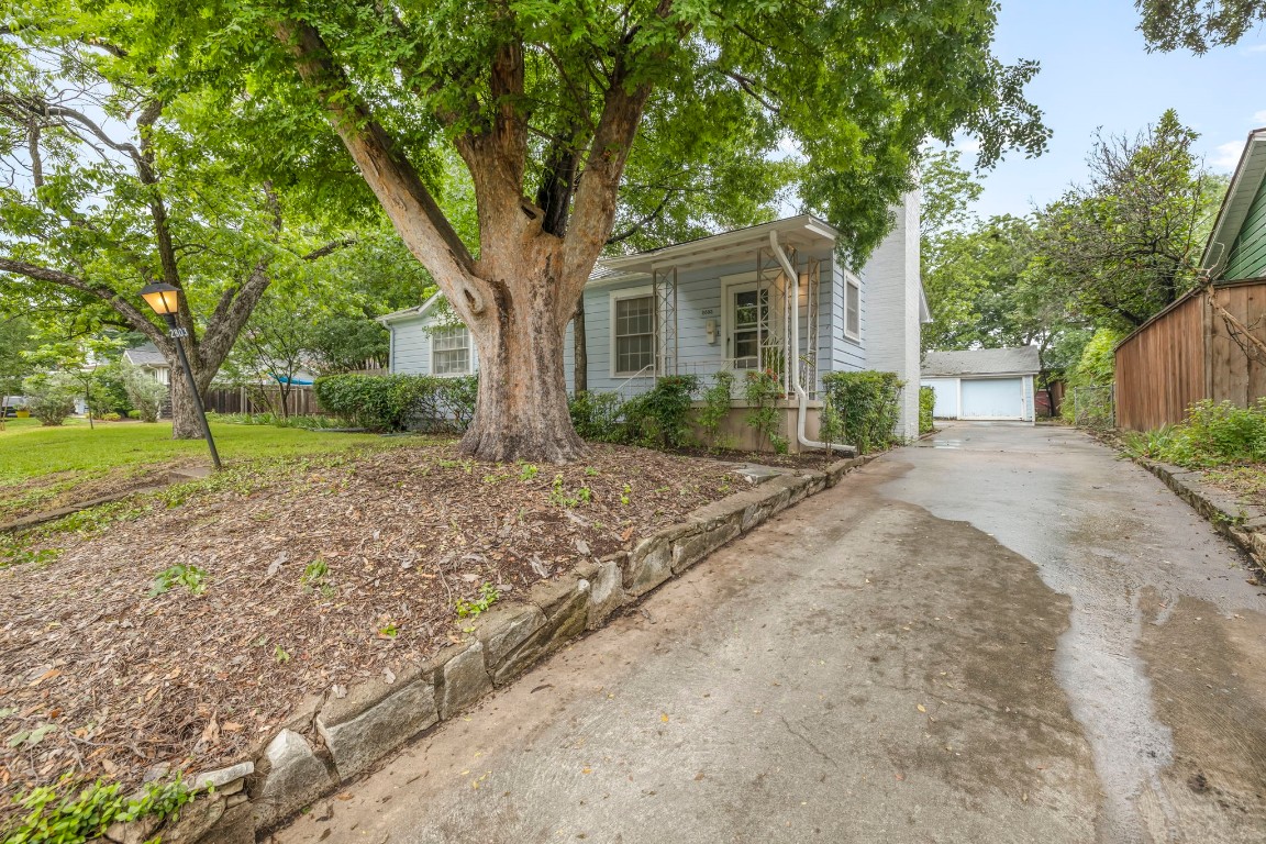 a view of a house with a yard and large tree