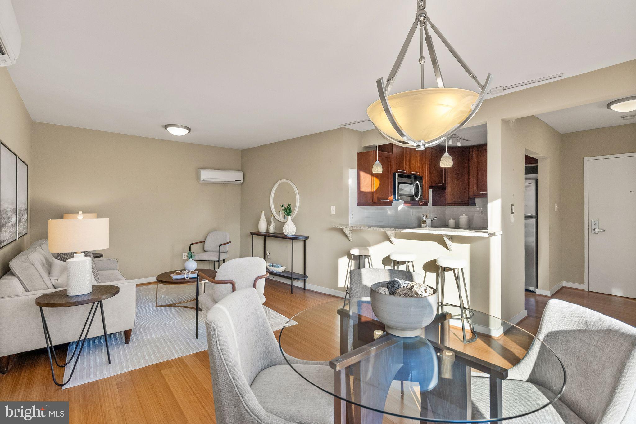 a view of a dining room with furniture