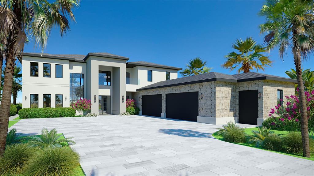 a front view of a house with a yard and palm tree