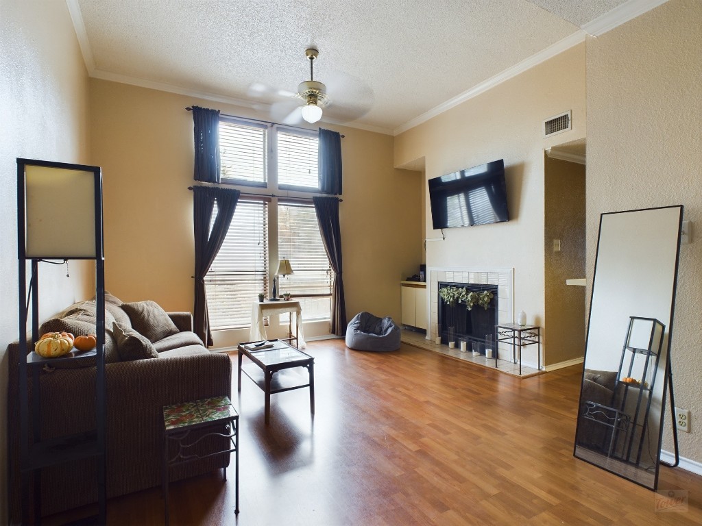 a living room with furniture and a fireplace