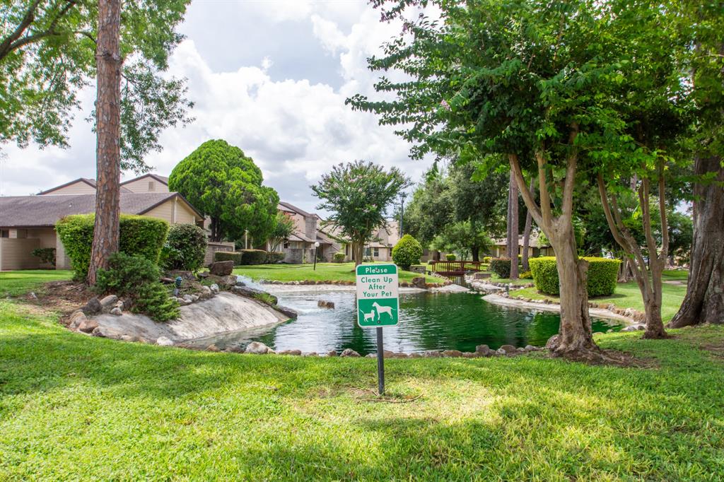 a view of backyard with swimming pool and green space