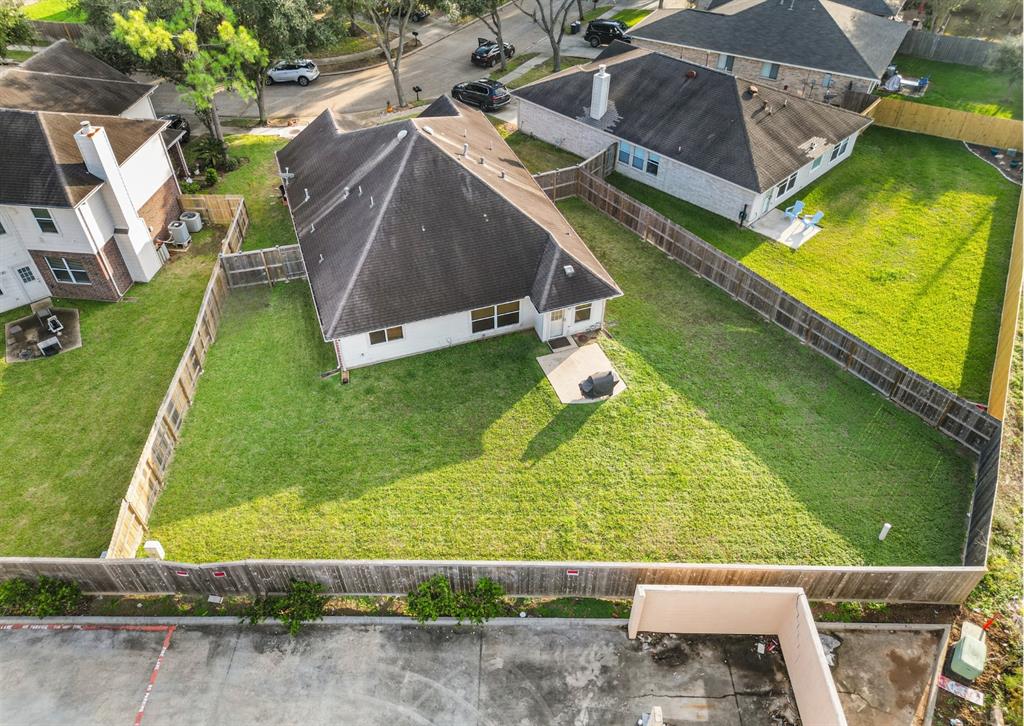 an aerial view of a pool