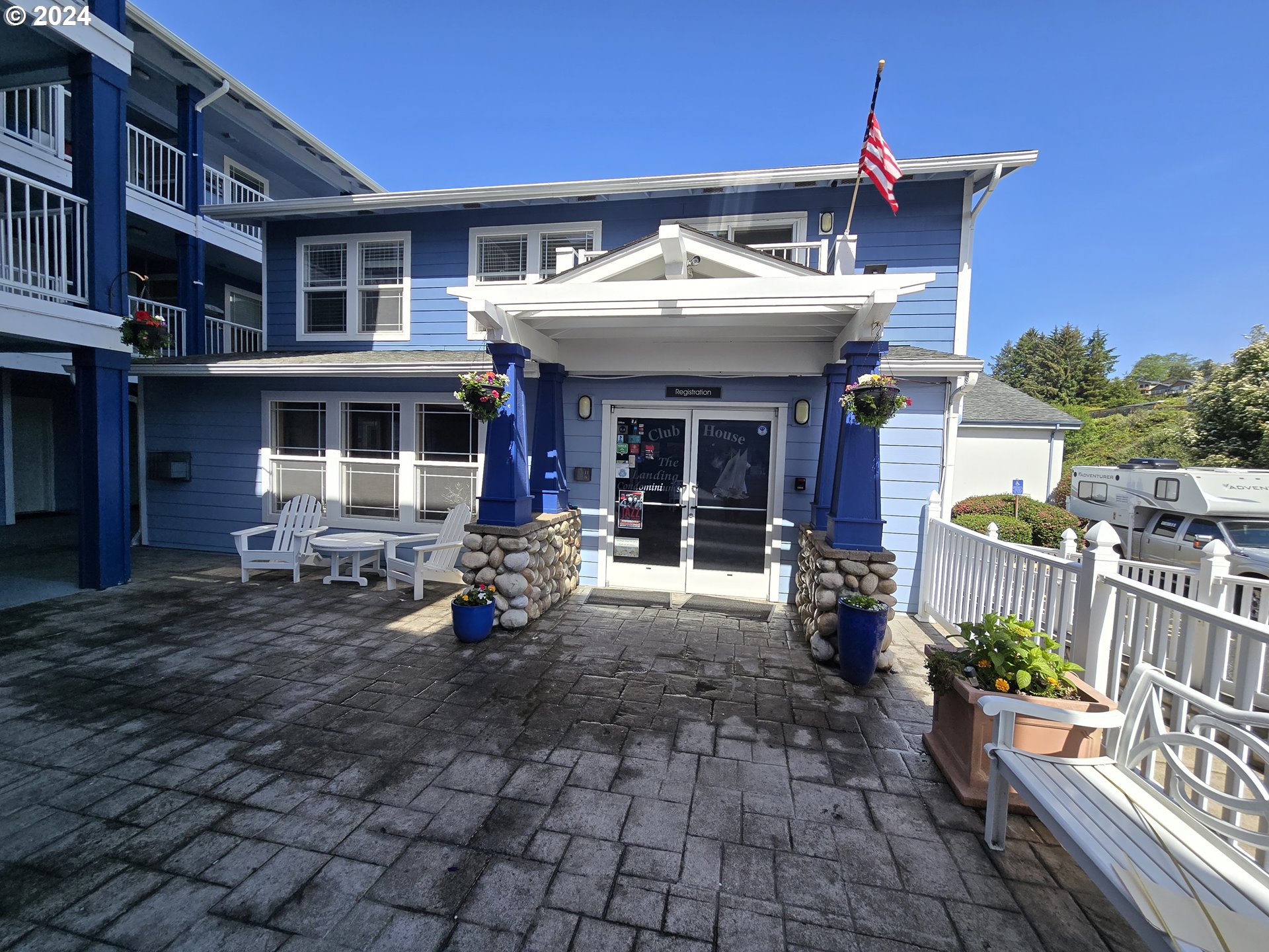 a front view of a house with patio