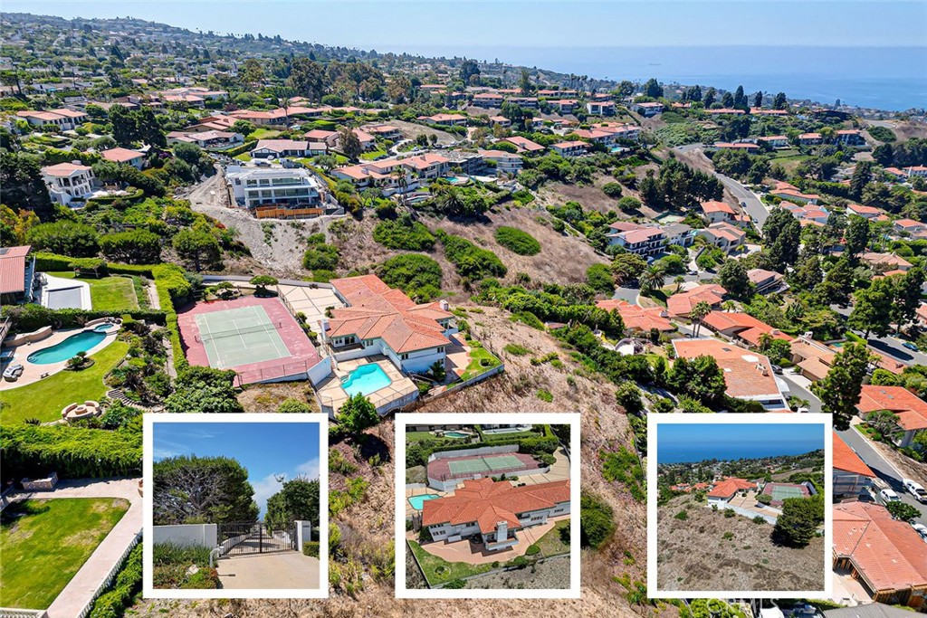 an aerial view of residential houses with outdoor space and parking