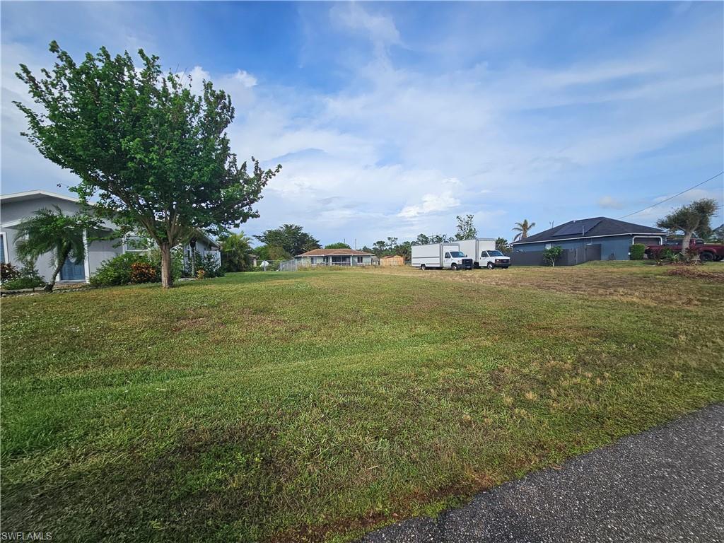 a view of a grassy field with an trees