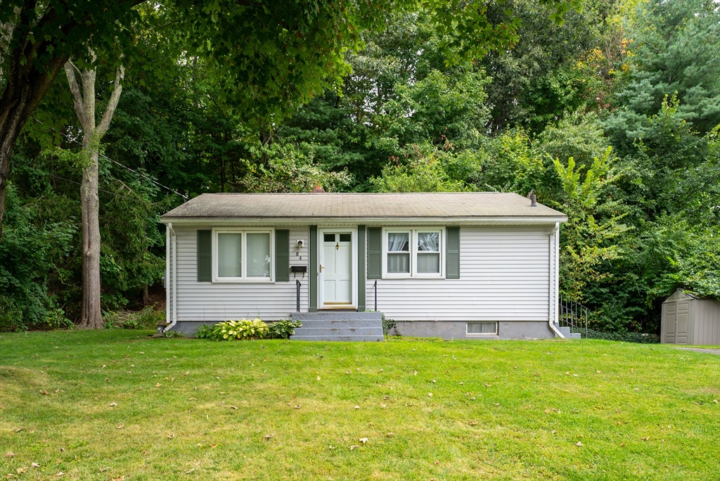 a front view of house with yard and green space