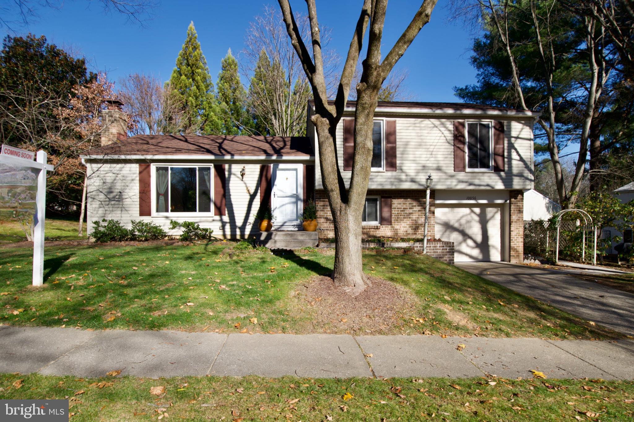 a view of a house with backyard and a tree