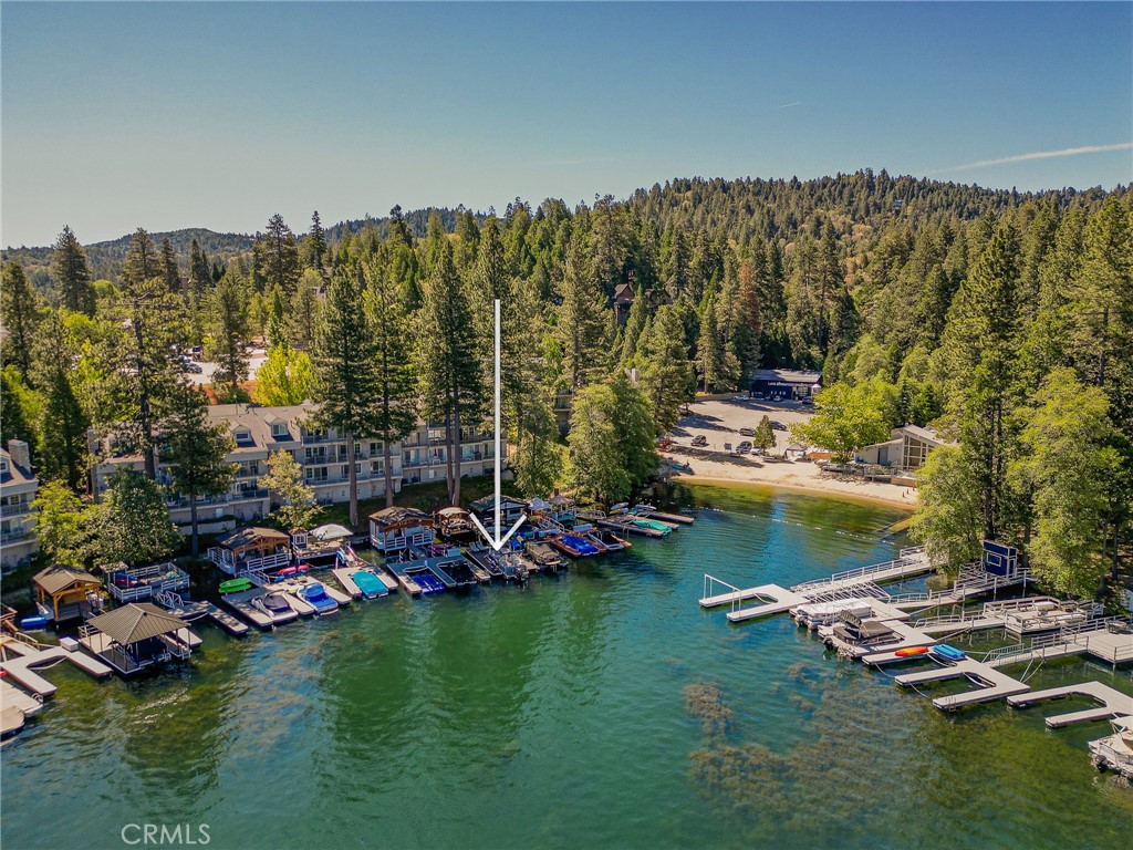 a view of a lake with boats and trees in the background