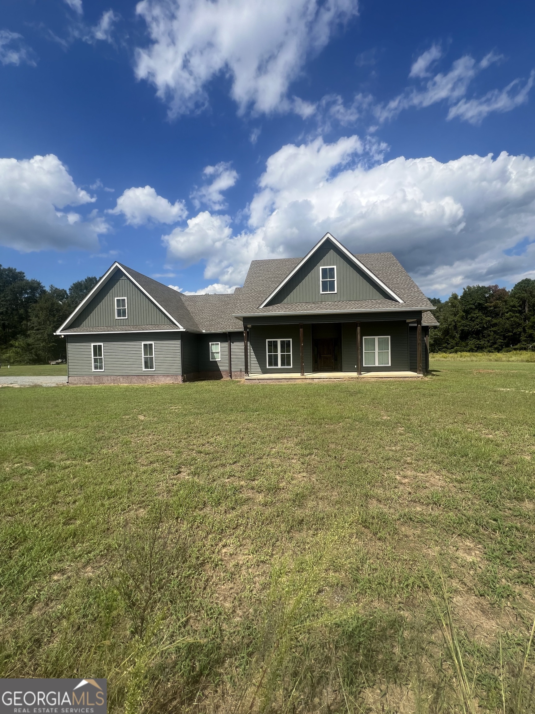 a front view of a house with yard and green space