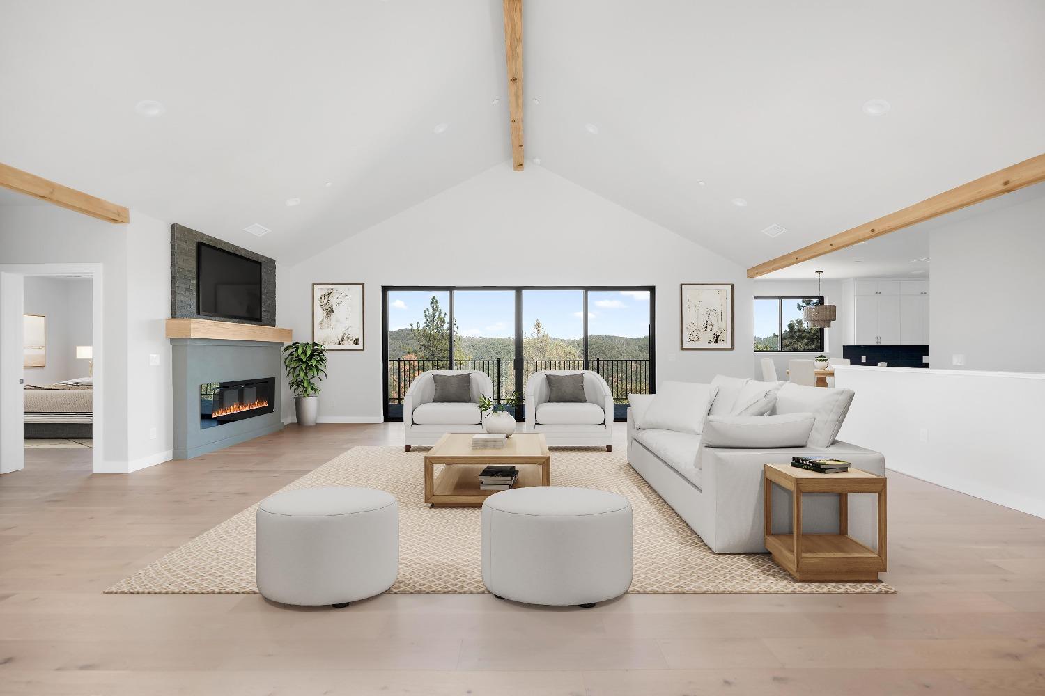 a living room with fireplace furniture and a fireplace