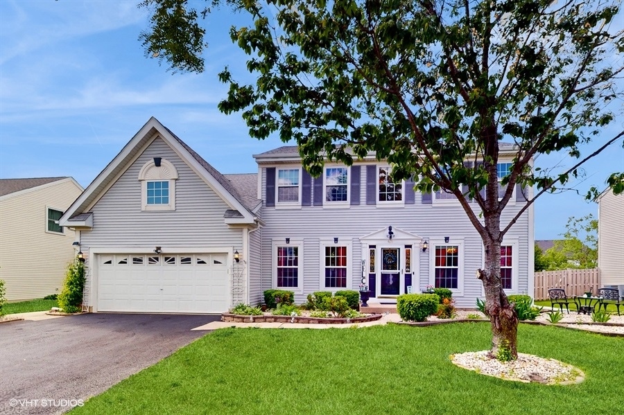 a front view of a house with a yard garage and a tree