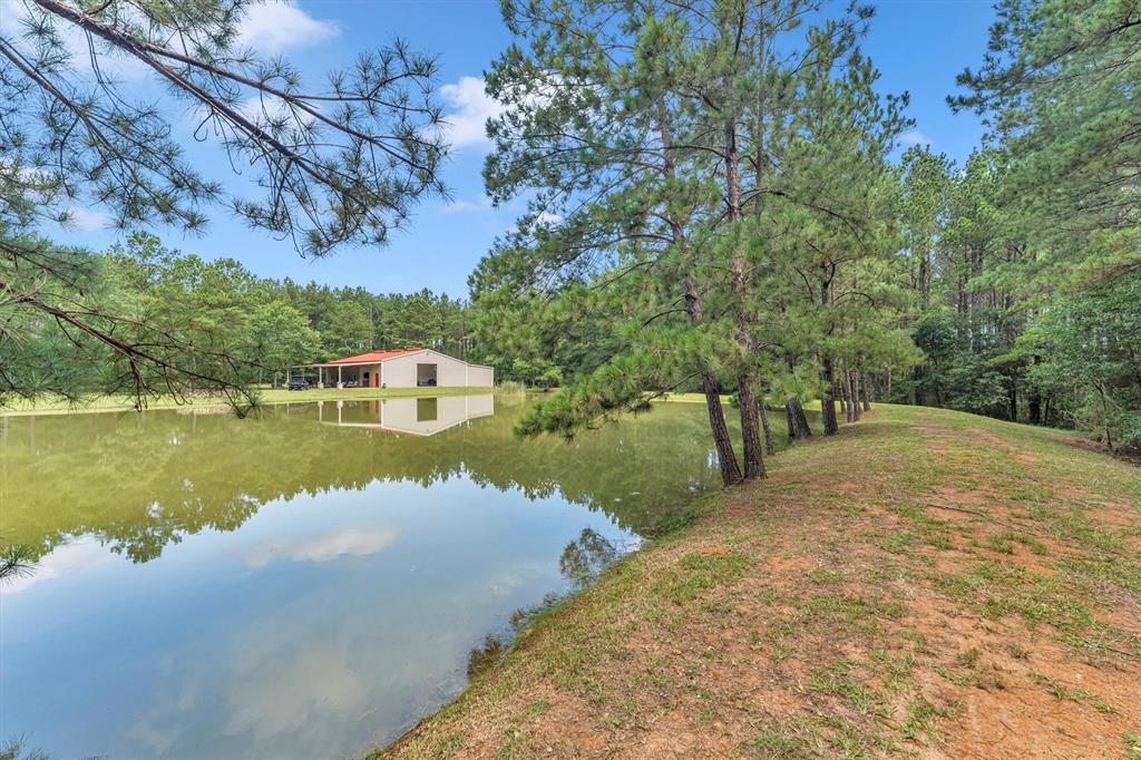 Welcome to 631 Ellisor Rd. The serene lakeside barndominium is surrounded by lush pine trees, offering a picturesque and tranquil living environment.