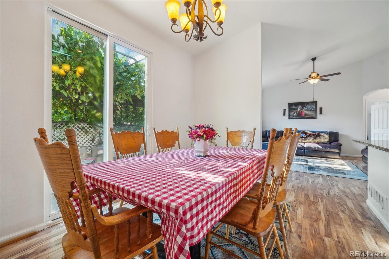 a view of a dining room with furniture window and outside view