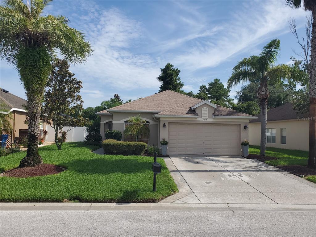 a view of a house with a yard and palm trees