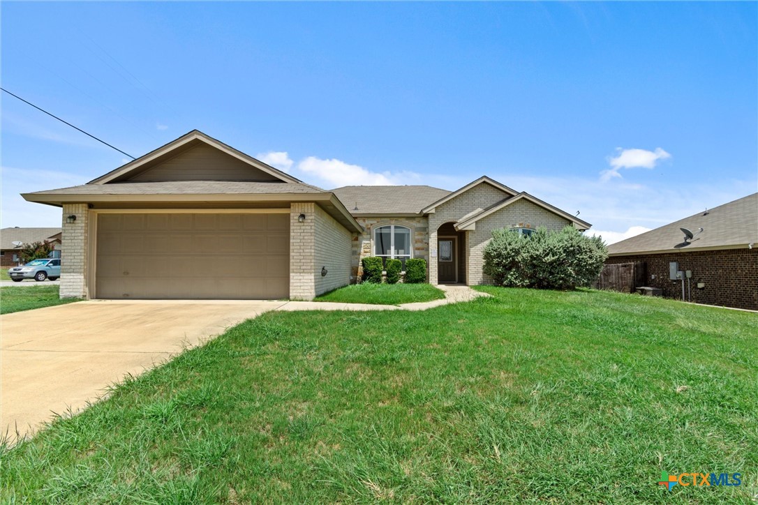 a front view of a house with yard and green space