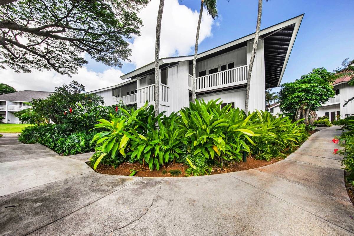 a front view of a house with a yard and potted plants