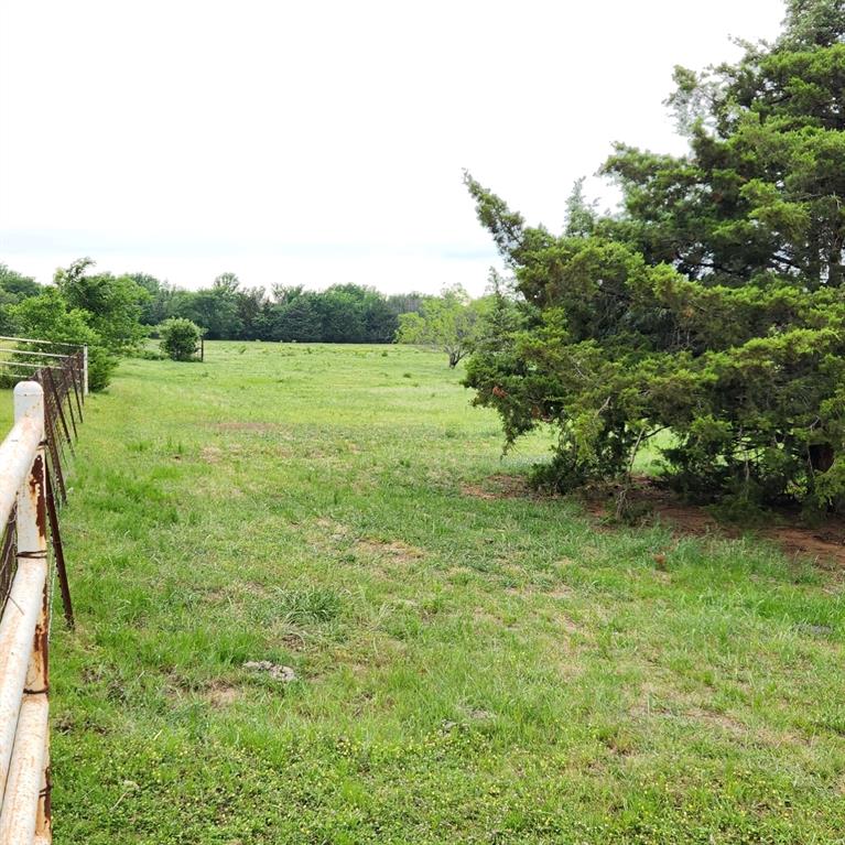 a view of a green yard with a lake view