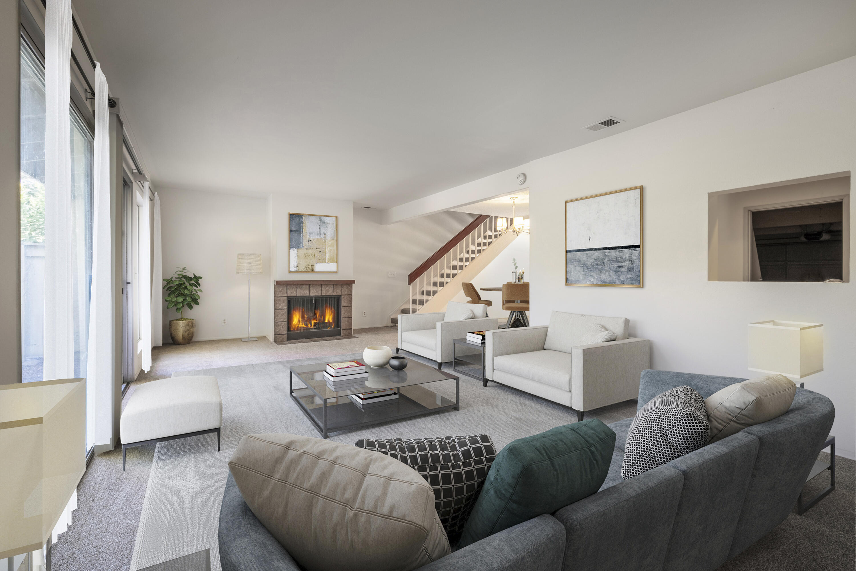 a living room with furniture fireplace and a flat screen tv