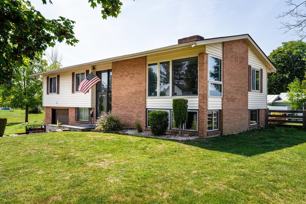 a front view of house with yard and green space