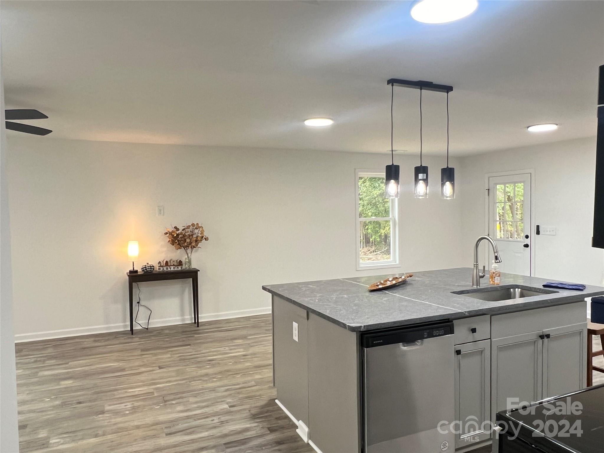 a kitchen with a sink cabinets and wooden floor