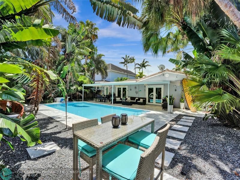 a view of an house with backyard and sitting area