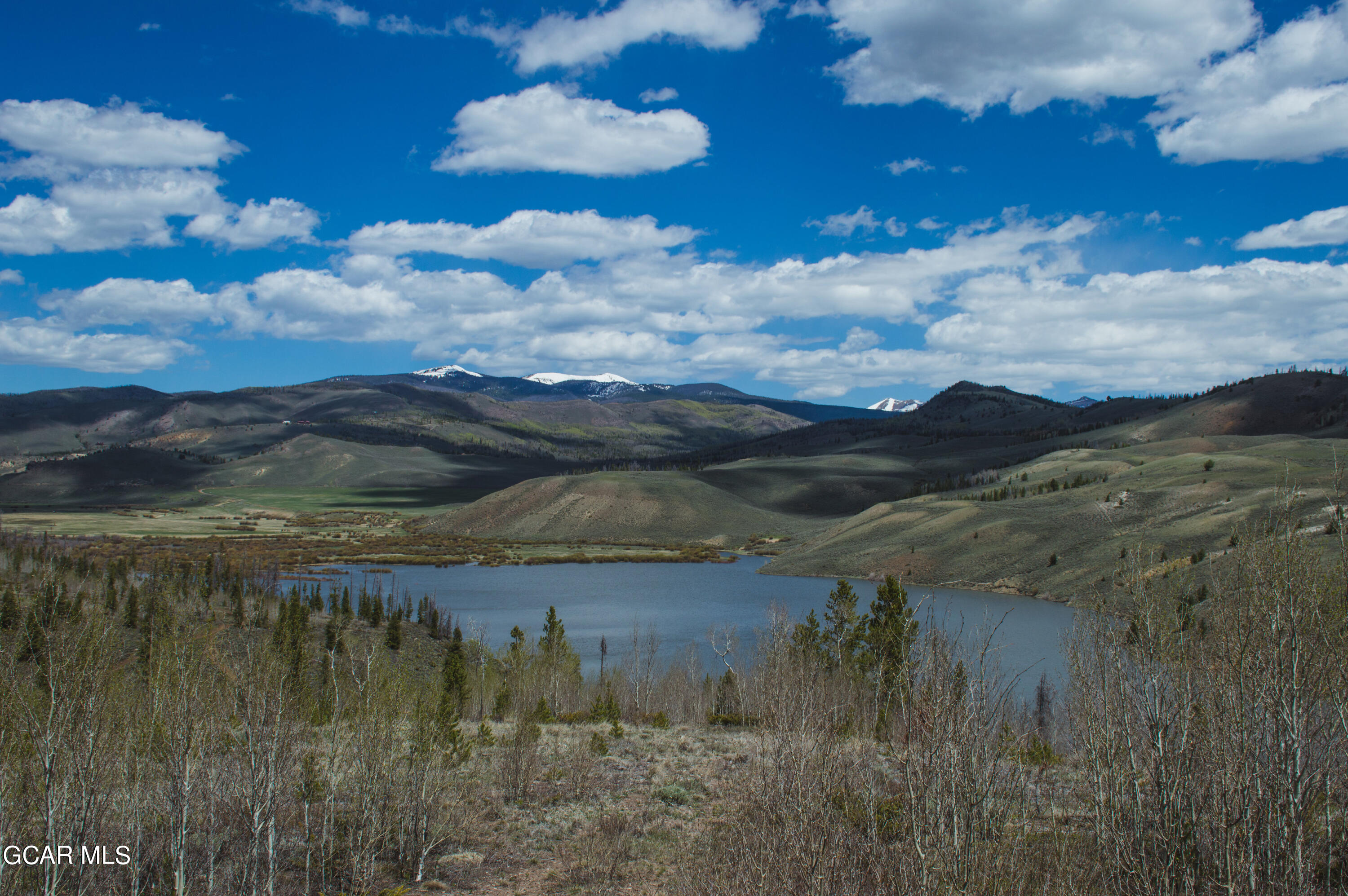 a view of a lake in between the lush green forest