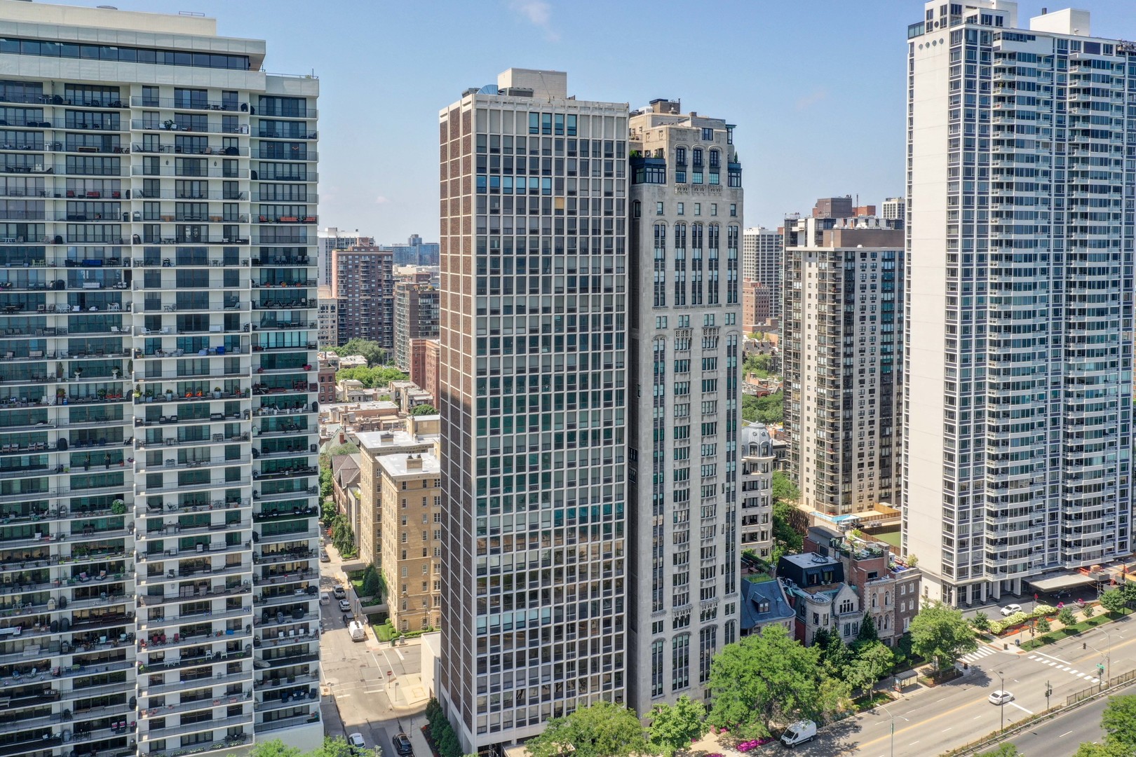 a view of a city with tall buildings