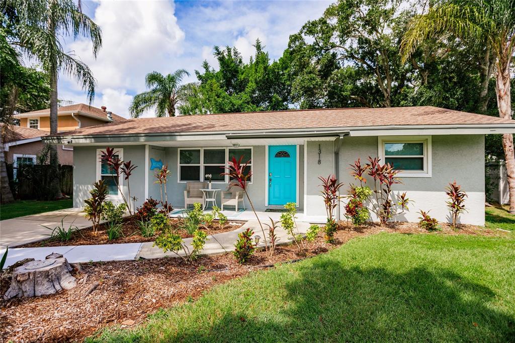 a front view of a house with patio