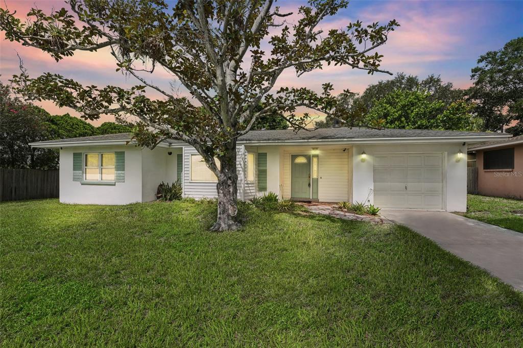 a view of backyard of house with green space