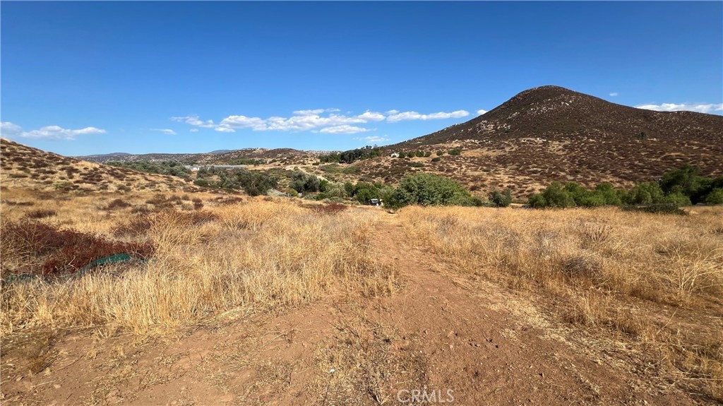 a view of a yard with a mountain