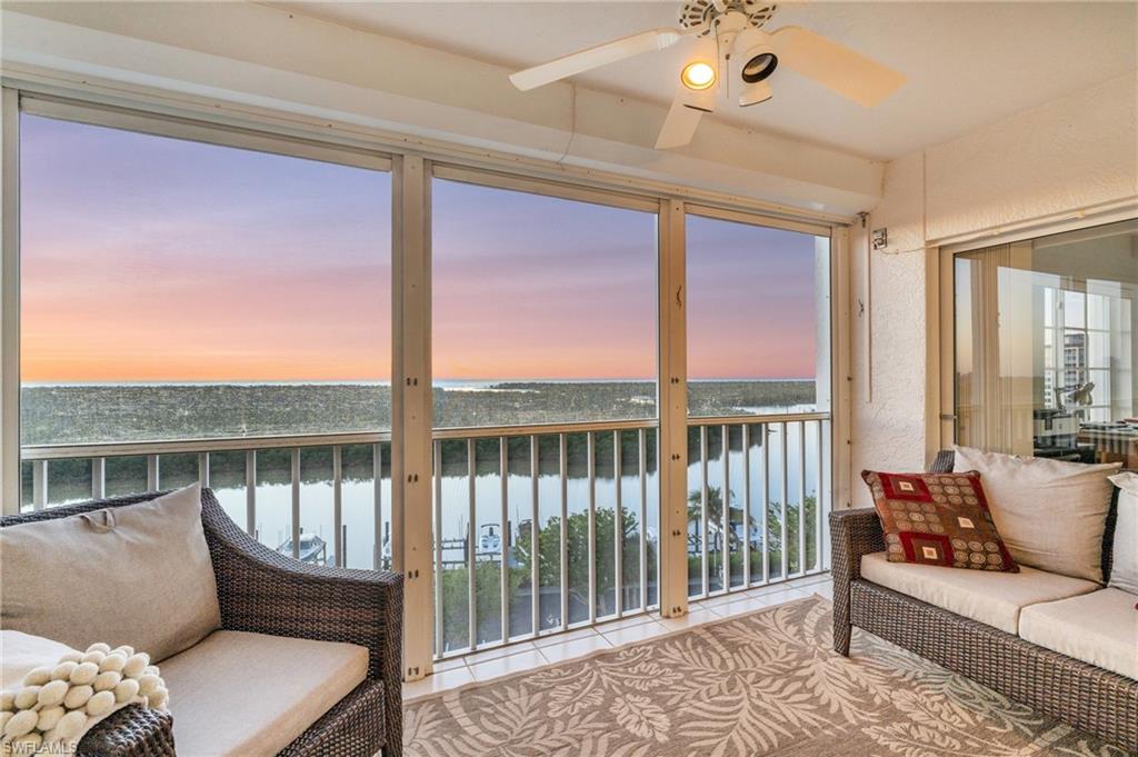 a balcony with furniture