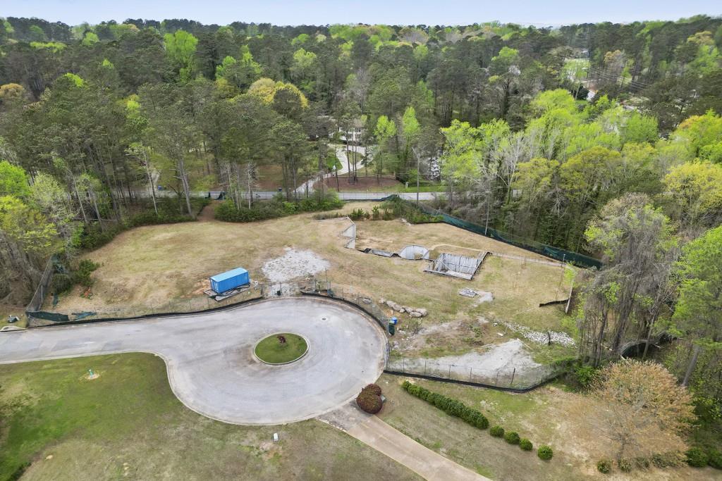 an aerial view of a swimming pool