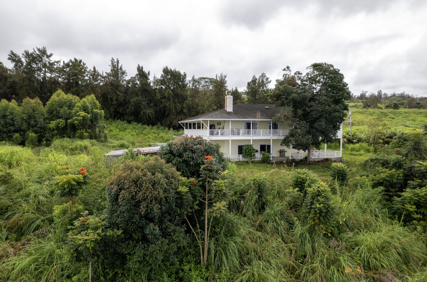 a view of a house with a big yard and large trees