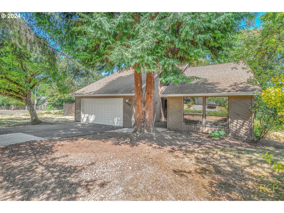 a view of a house with a yard and large tree