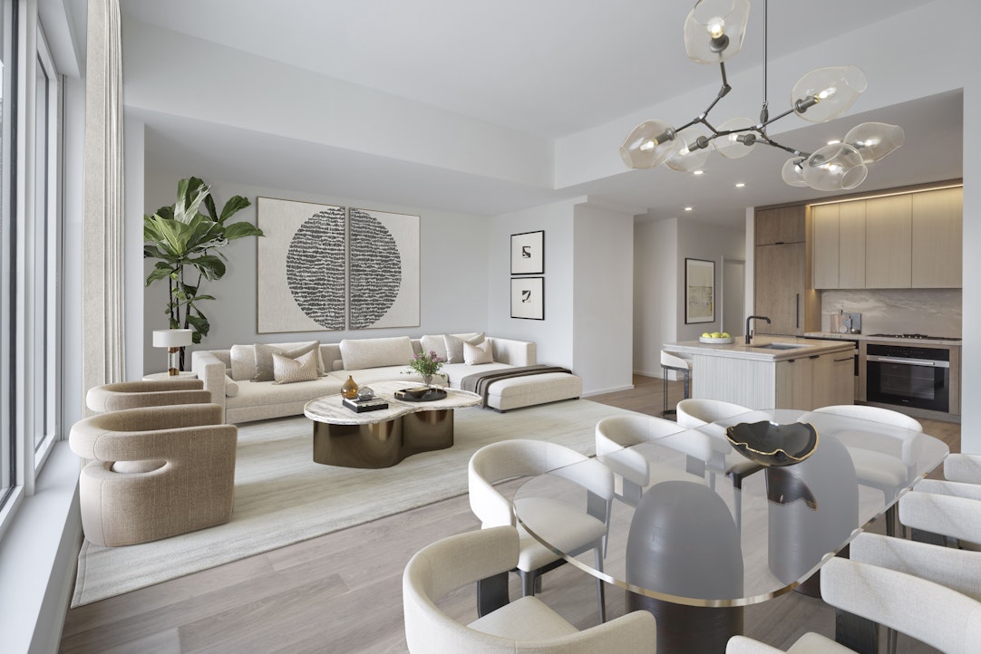 a living room with furniture kitchen view and a chandelier