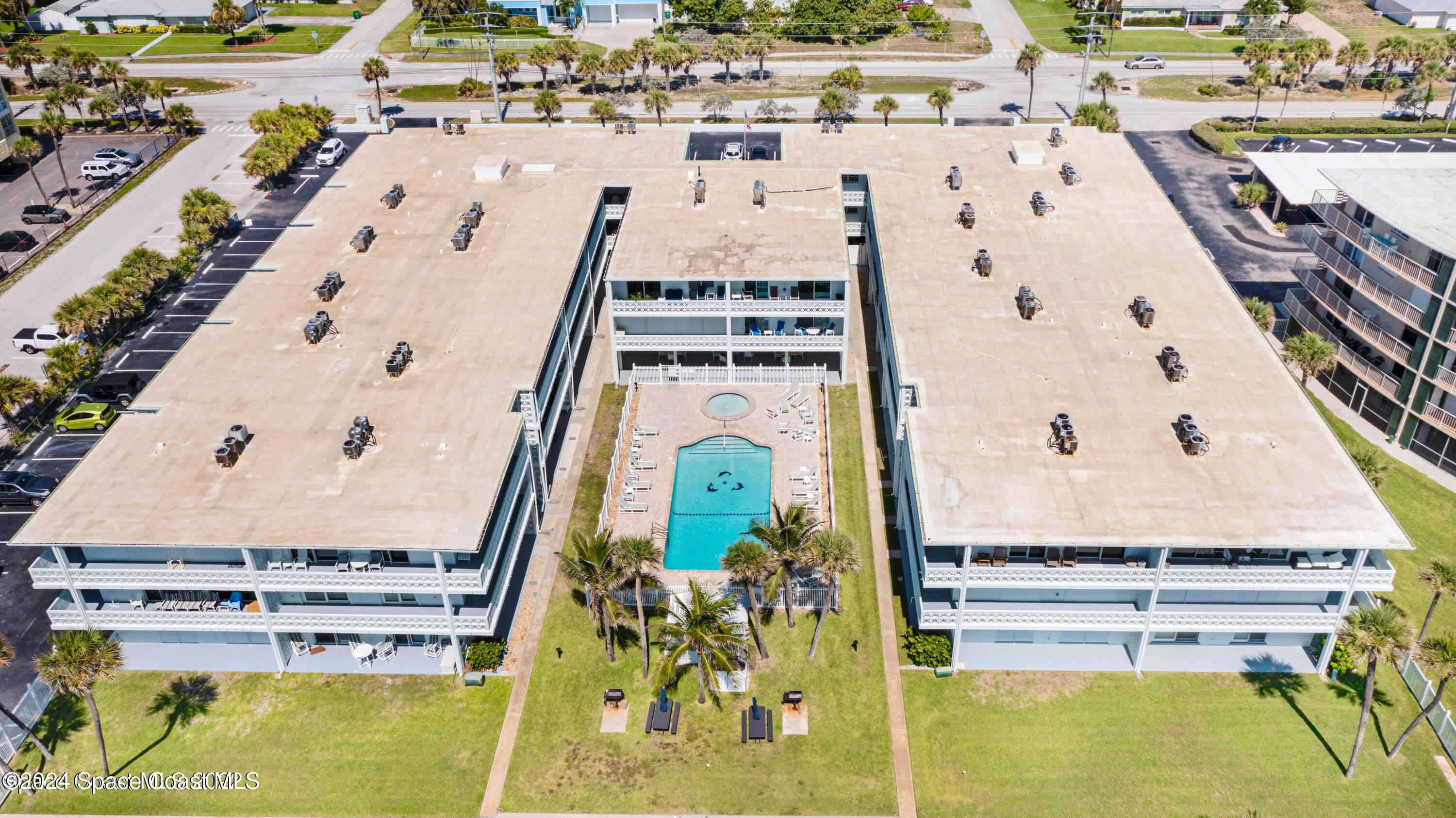 an aerial view of a pool