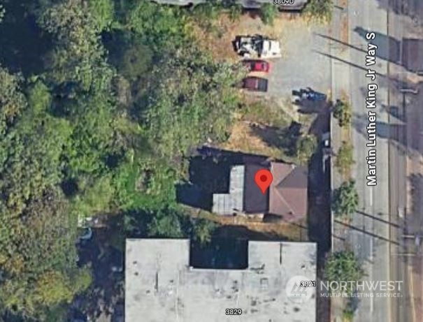 an aerial view of building and sign board