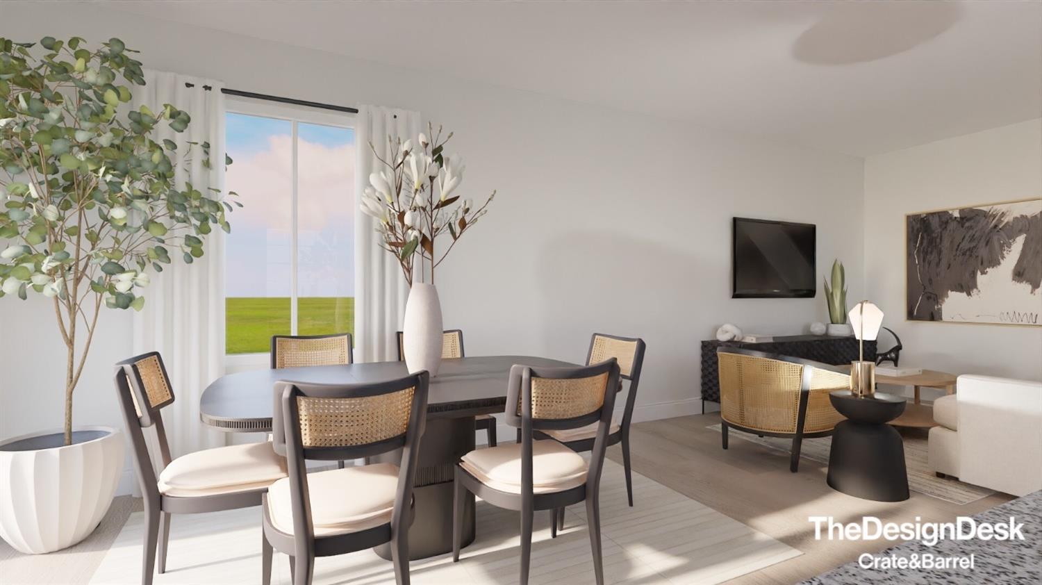 a view of a dining room with furniture and a potted plant