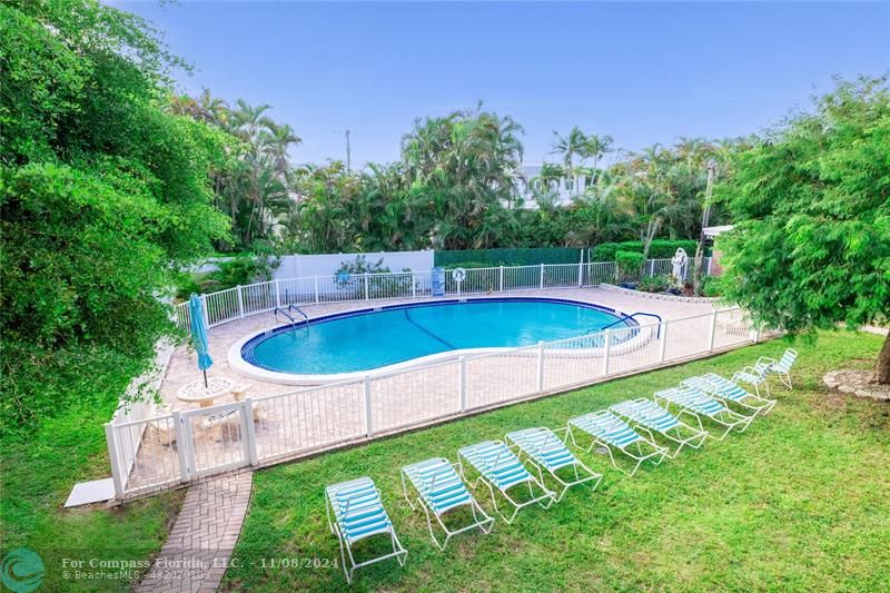 a view of a swimming pool with a yard