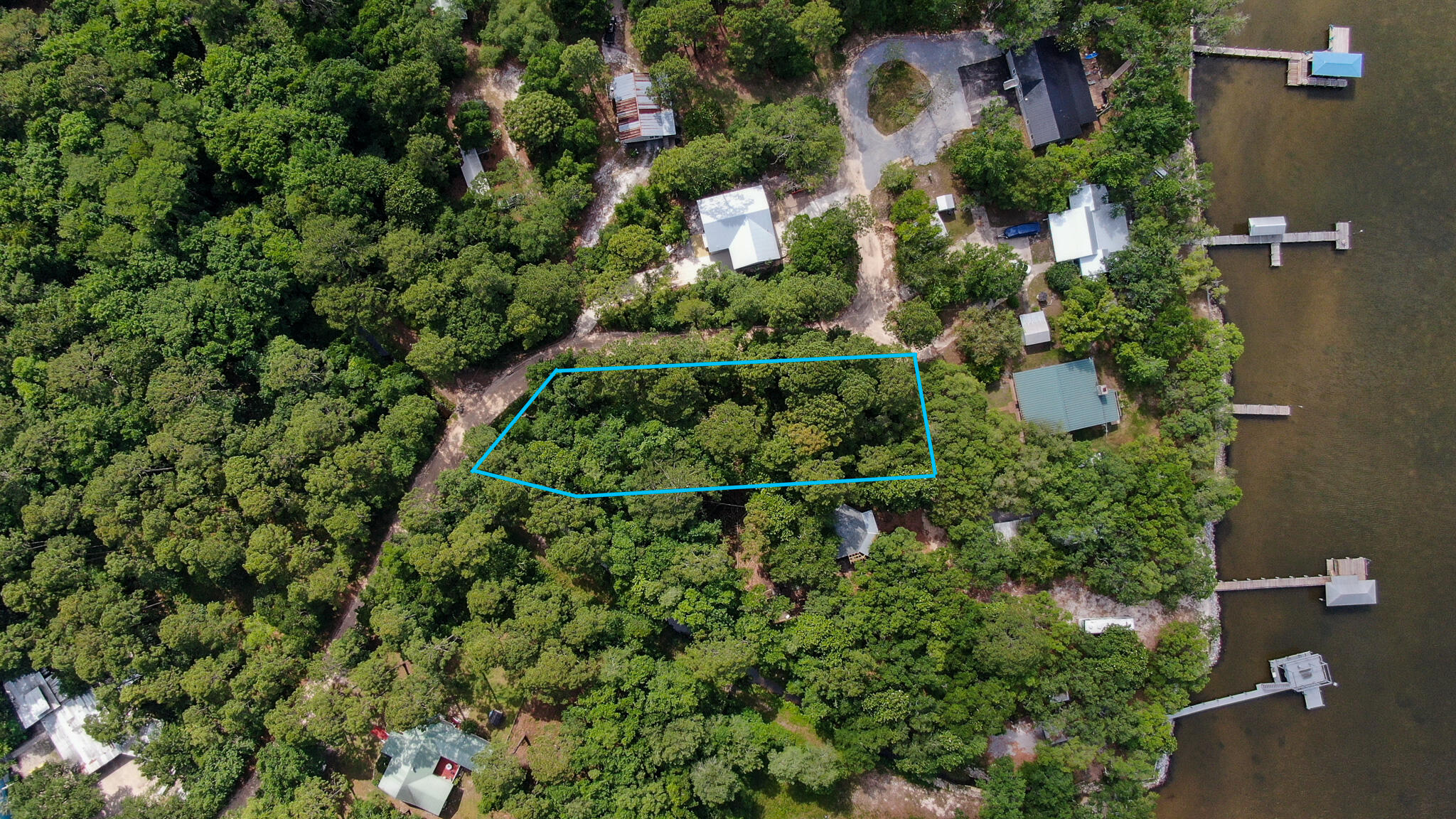 an aerial view of residential houses with outdoor space and trees