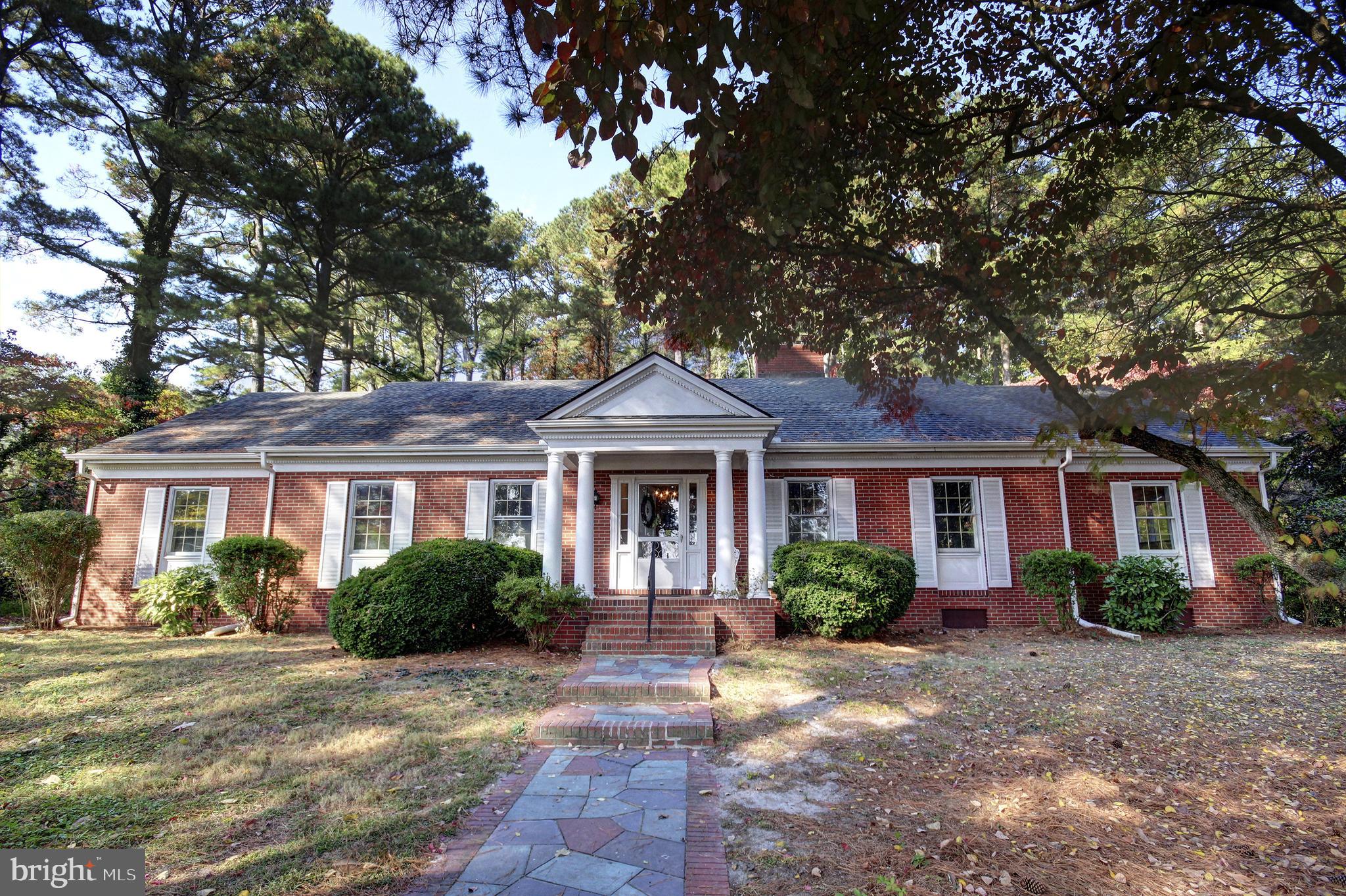 a front view of a house with yard and green space