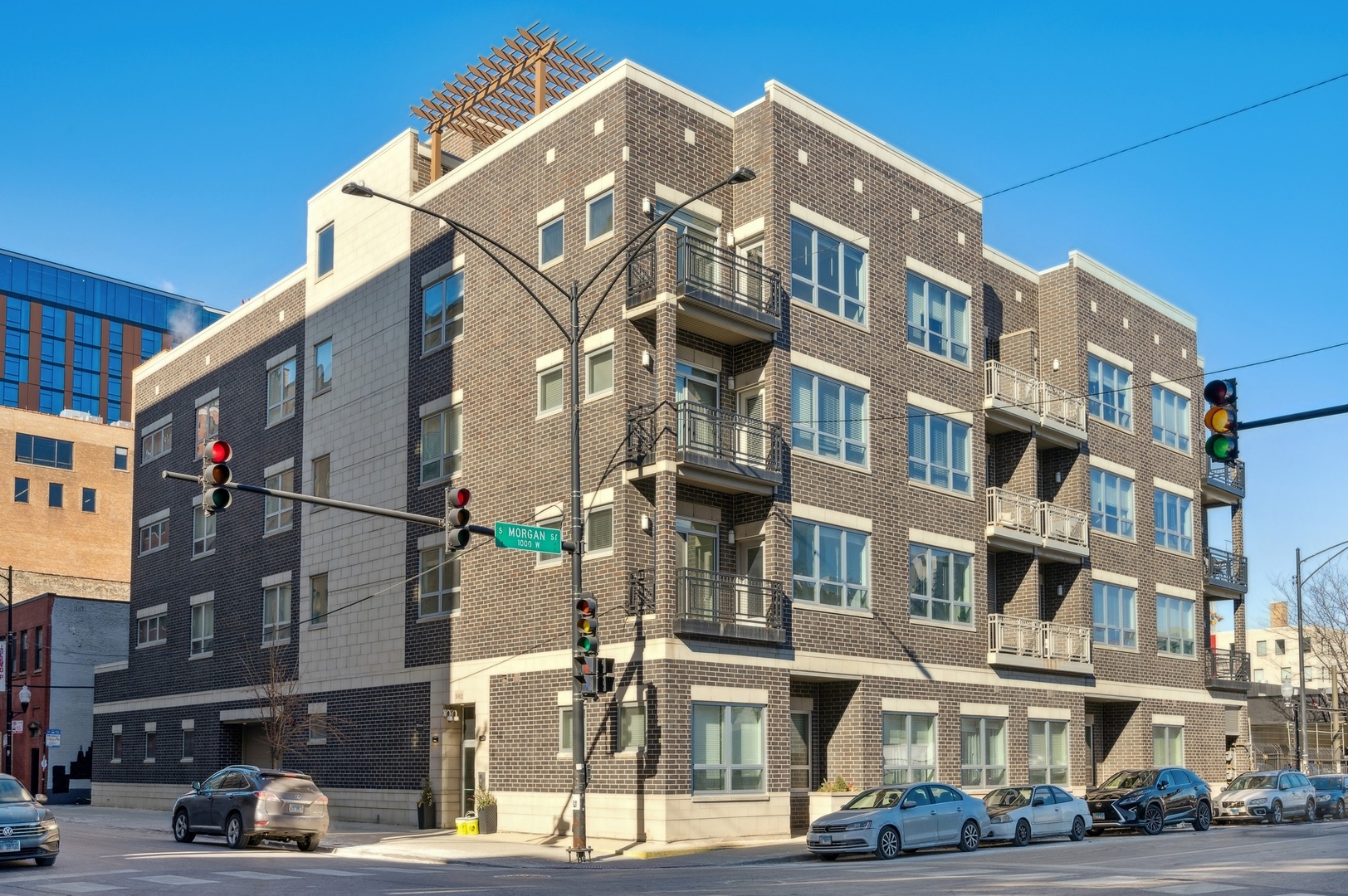 a front view of a building with street view