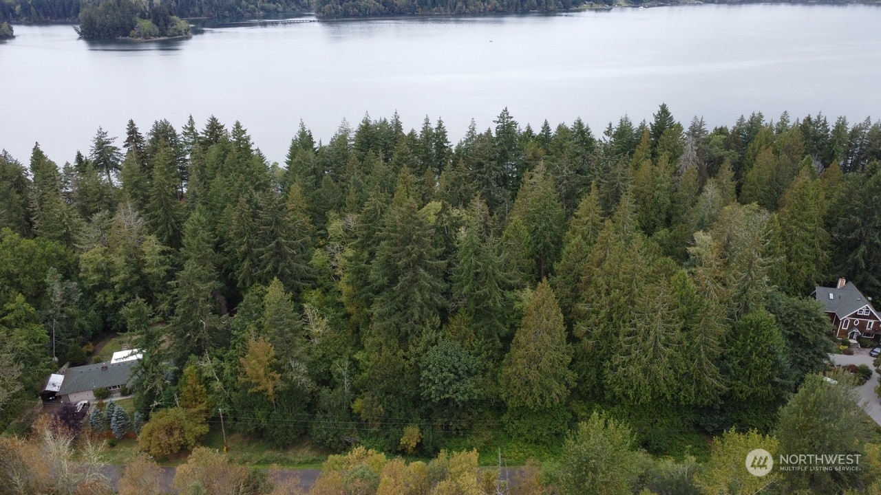 a view of a lake with a yard and mountain in the back