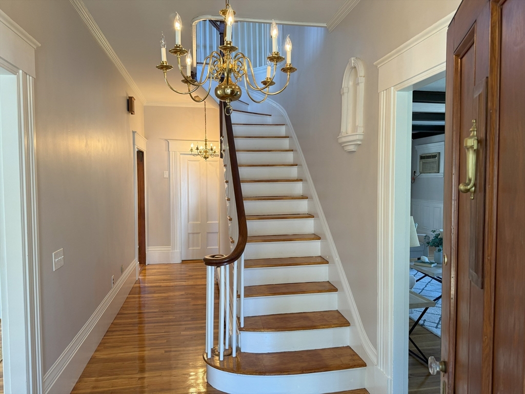 a view of entryway and hall with wooden floor