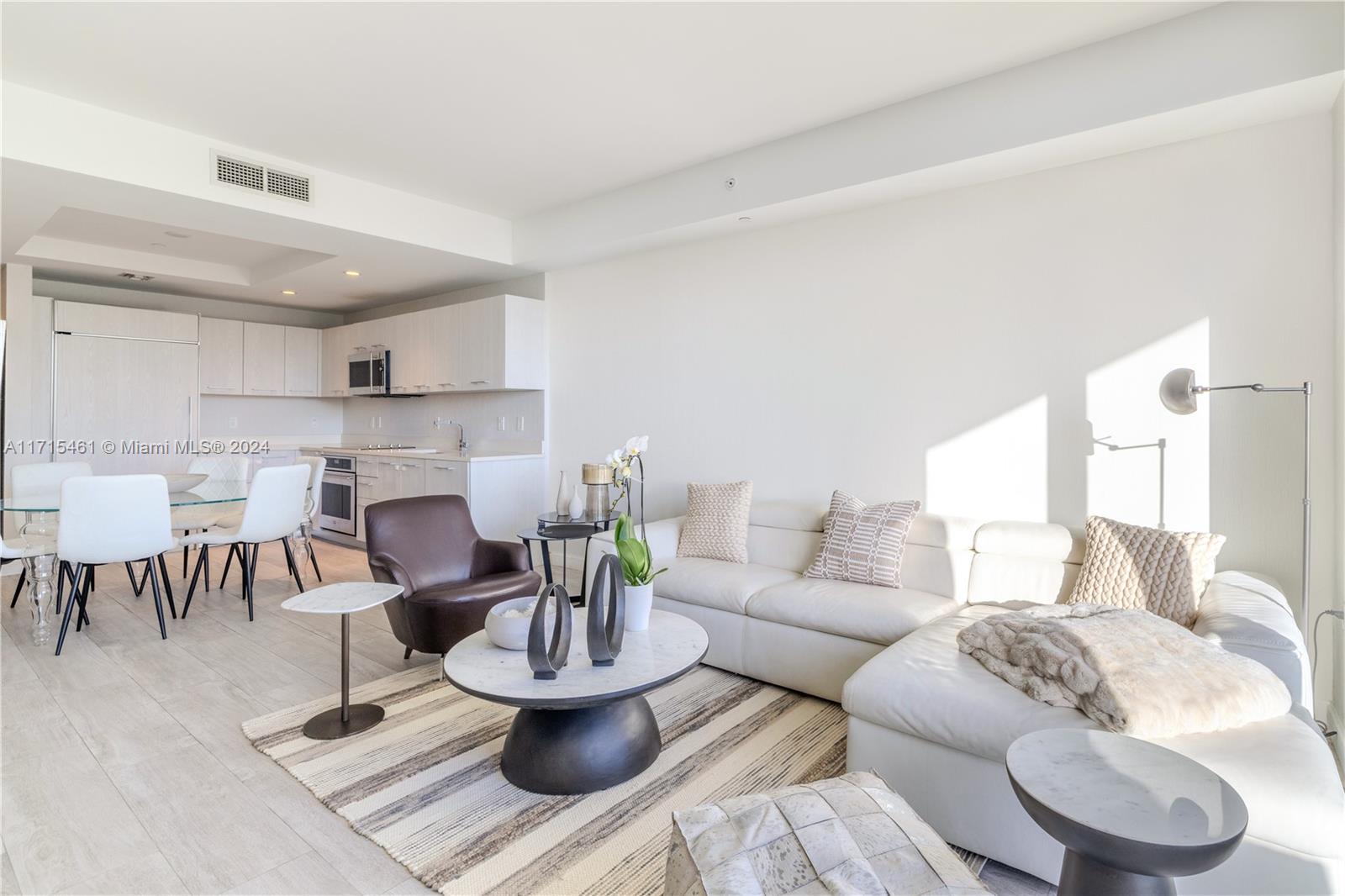 a living room with furniture and a dining table with kitchen view